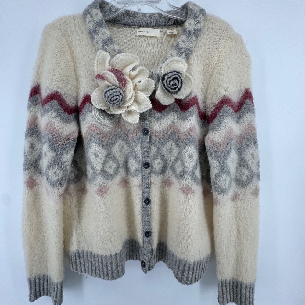 Sleeping on Snow Cardigan Womens XL Cream Grey Mohair Wool Floral Fair Isle